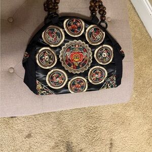 Black Embroidered Satin/ Canvas Shoulder Bag with Beaded Handle
